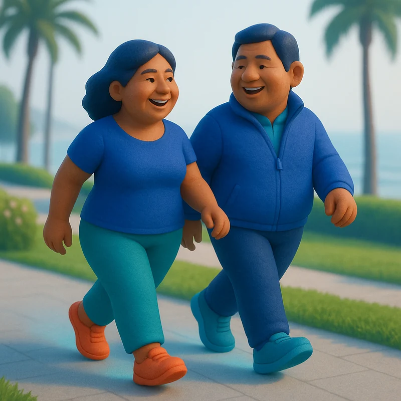 Pareja mayor caminando con soltura por un parque en Lima
