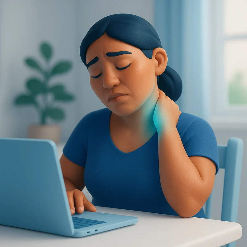 Mujer con tensión en el cuello y los hombros después de horas frente a la laptop